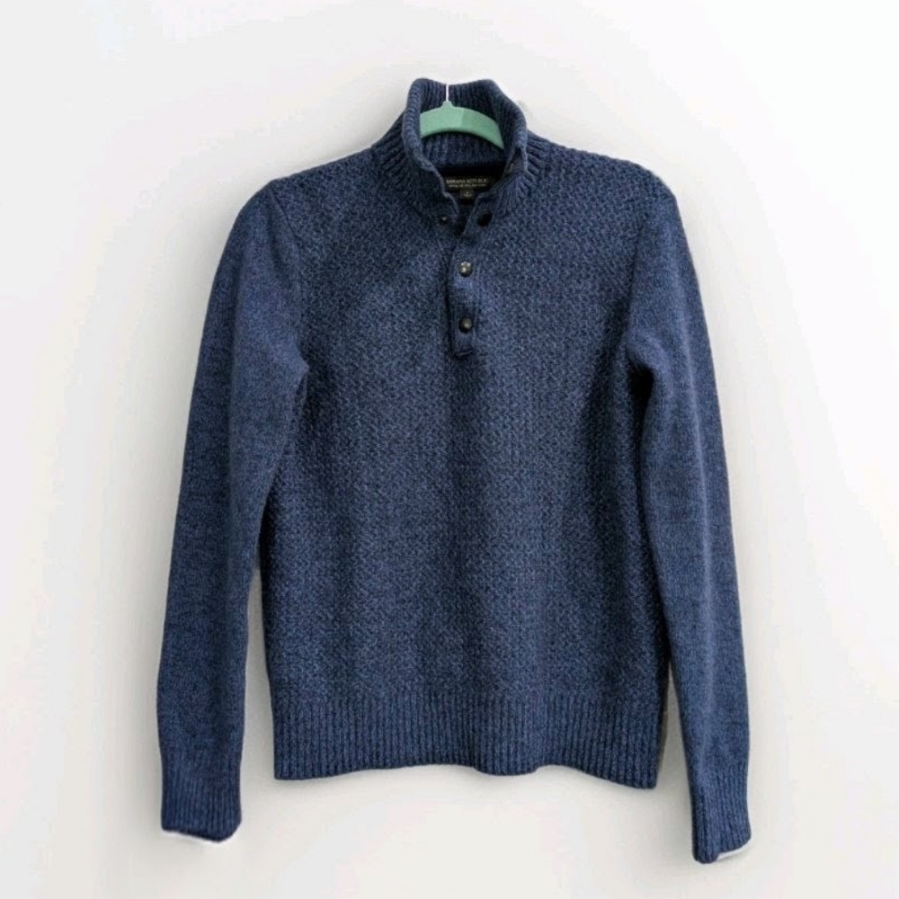 Banana Republic Mens Merino Wool Sweater Blue Pullover Mock Neck 1/4 Snap Preppy